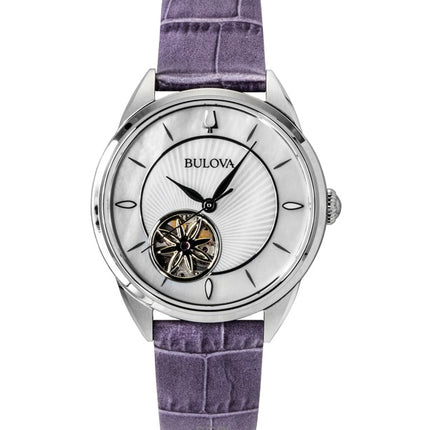 Bulova Sutton Leather Strap Open Heart Mother Of Pearl Dial Automatic 96L339 Women's Watch
