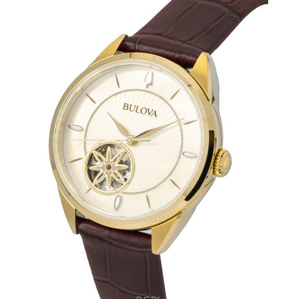 Bulova Sutton Leather Strap Open Heart Mother Of Pearl Dial Automatic 97L179 Women's Watch