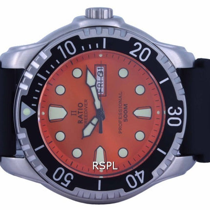 Ratio FreeDiver Orange Dial PU Strap Quartz 48HA90-02-ORG 500M Mens Watch