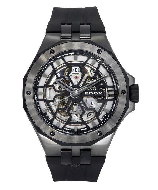 Edox Delfin The Original Mecano Rubber Strap Skeleton Black Dial Automatic Diver's 85303 357GN NGN 200M Men's Watch