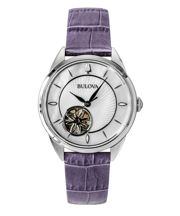 Bulova Sutton Leather Strap Open Heart Mother Of Pearl Dial Automatic 96L339 Women's Watch