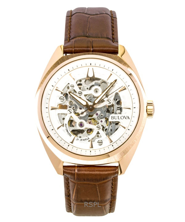 Bulova Surveyor Leather Strap  Silver Skeleton Dial Automatic 97A175 Men's Watch