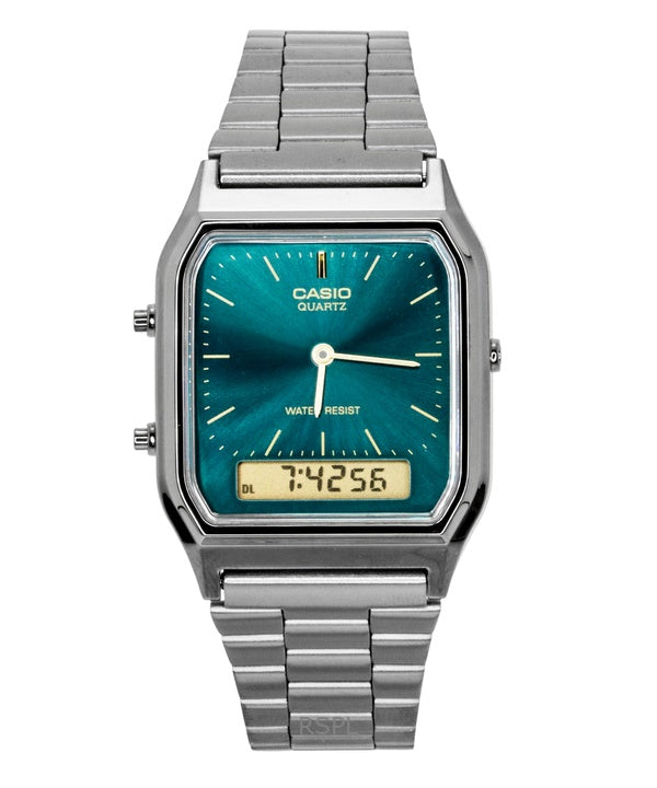 Casio Vintage Analog Digital Stainless Steel Green Dial Quartz AQ-230EGG-3A Unisex Watch