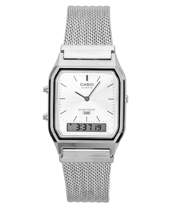Casio Vintage Analog Digital Stainless Steel Mesh Bracelet Silver Dial Quartz AQ-230EM-7A Unisex Watch