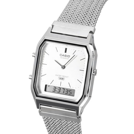 Casio Vintage Analog Digital Stainless Steel Mesh Bracelet Silver Dial Quartz AQ-230EM-7A Unisex Watch