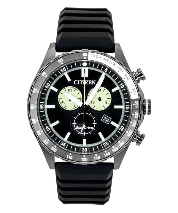 Citizen Eco-Drive Chronograph Silicone Strap Black Dial Solar AT2565-05E 100M Men's Watch