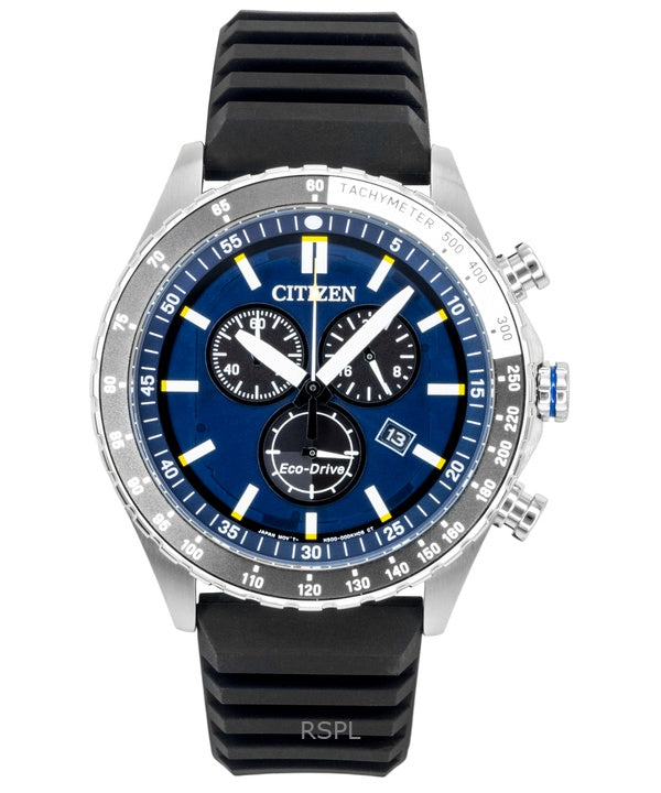 Citizen Eco-Drive Chronograph Silicone Strap Blue Dial AT2569-04L 100M Men's Watch
