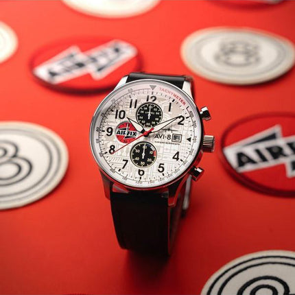 AVI-8 Hawker Hurricane Classic Chronograph Airfix Edition Deco Grey Leather Strap White Dial AV-4011-1C Men's Watch