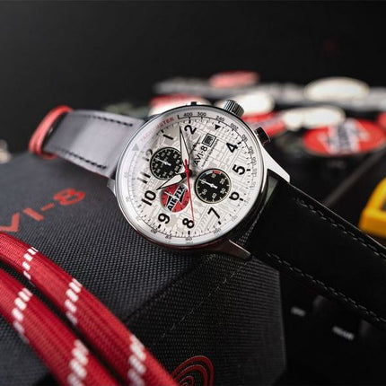 AVI-8 Hawker Hurricane Classic Chronograph Airfix Edition Deco Grey Leather Strap White Dial AV-4011-1C Men's Watch