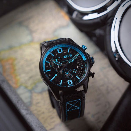 AVI-8 Hawker Hurricane Dual Retrograde Chronograph Storm Black Leather Strap Black Dial Quartz AV-4056-0A Men's Watch