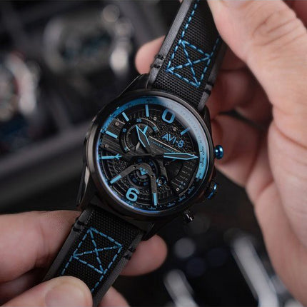 AVI-8 Hawker Hurricane Dual Retrograde Chronograph Storm Black Leather Strap Black Dial Quartz AV-4056-0A Men's Watch