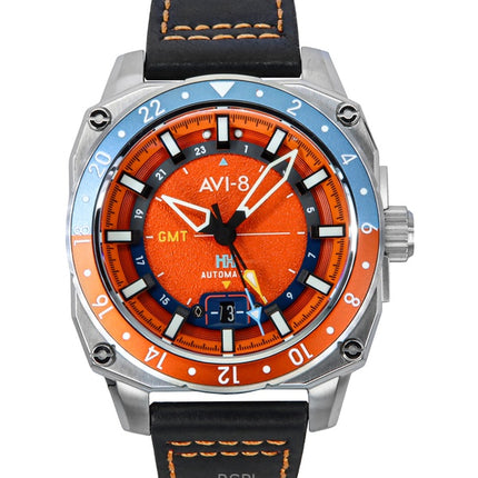 AVI-8 Hawker Hunter Atlas GMT Orangish Red Leather Strap Orange Dial Automatic AV-4122-06 Men's Watch
