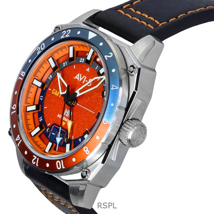 AVI-8 Hawker Hunter Atlas GMT Orangish Red Leather Strap Orange Dial Automatic AV-4122-06 Men's Watch