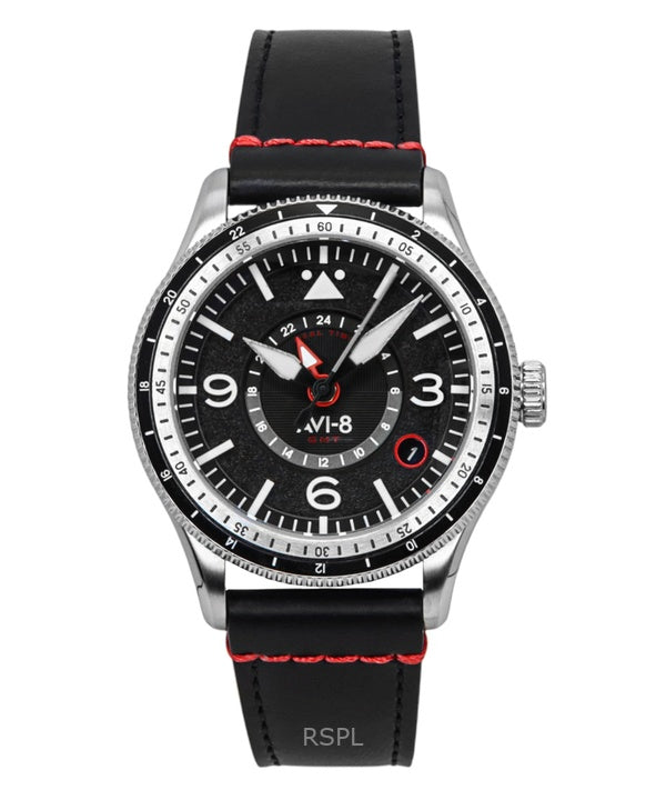 AVI-8 Flyboy Airmaster GMT Leather Strap Engine Black Dial Automatic AV-4128-01 Men's Watch