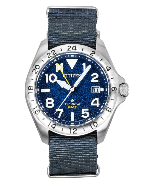 Citizen Promaster Land GMT Analog Grey Nylon Strap Navy Blue Dial Eco-Drive Diver's BJ7150-09L 200M Men's Watch