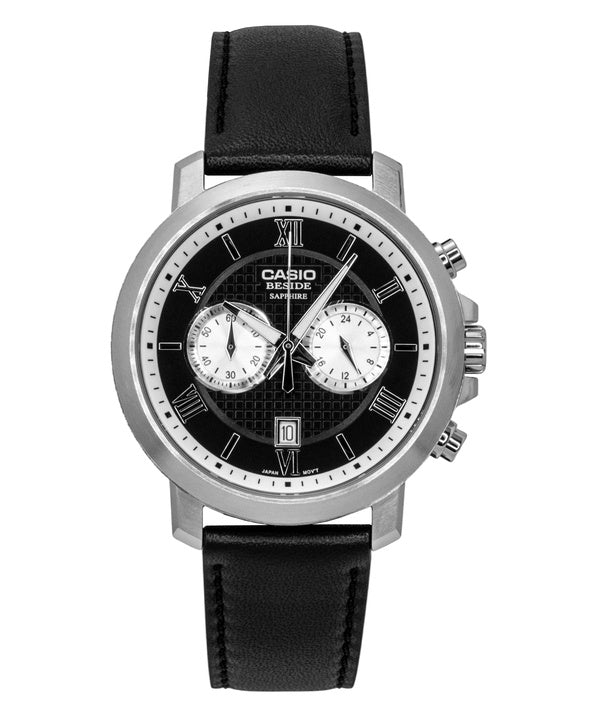 Casio Beside Chronograph Analog Leather Strap Black Dial Quartz BMS-500L-1A Men's Watch