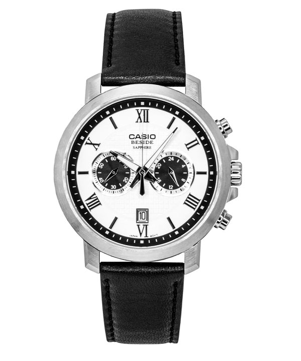 Casio Beside Chronograph Analog Leather Strap White Dial Quartz BMS-500L-7A Men's Watch