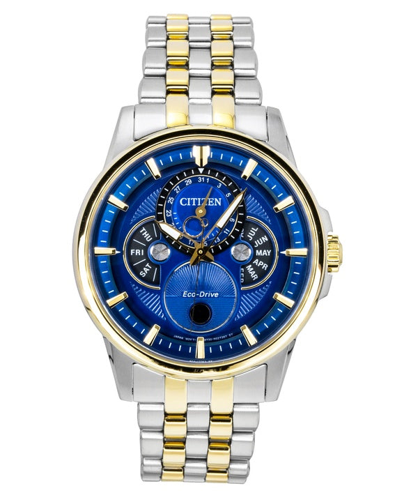 Citizen Calendrier Moonphase Two Tone Stainless Steel Blue Dial Eco-Drive BU0054-52L 100M Men's Watch