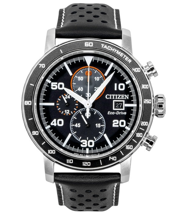 Citizen Brycen Chronograph Leather Strap Black Dial Eco-Drive CA0649-14E 100M Men's Watch