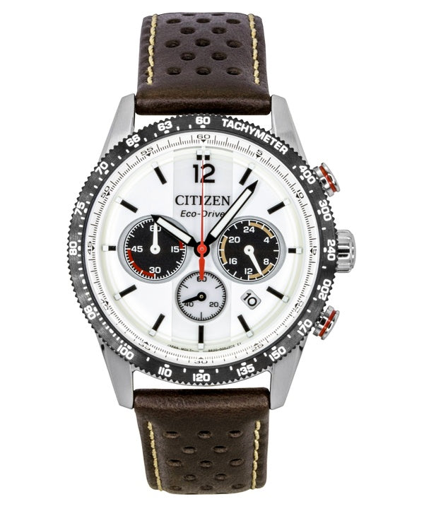 Citizen Eco-Drive Chronograph Analog Brown Leather Strap White Dial Solar CA4714-04A 100M Men's Watch