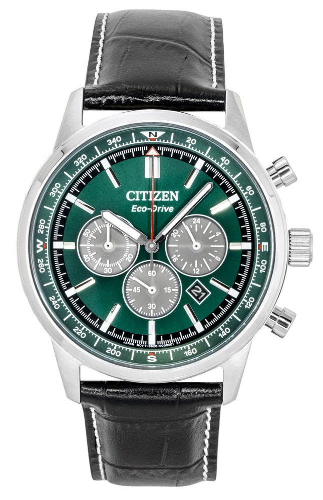Citizen Eco-Drive Chronograph Leather Strap Green Dial CA4720-01X 100M Men's Watch