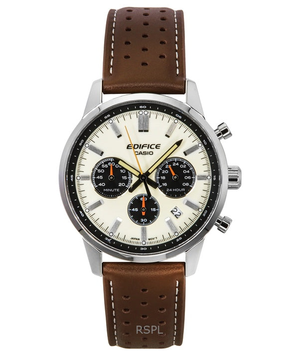 Casio Edifice Analog Chronograph Leather Strap Cream Dial Quartz EFR-575L-7A 100M Men's Watch