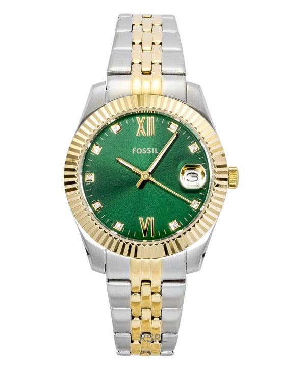 Fossil Scarlette Two Tone Stainless Steel Crystal Accents Green Dial Quartz ES5388 Women's Watch