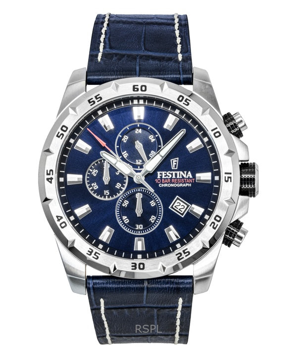 Festina Timeless Chronograph Leather Strap Blue Dial Quartz F20692-2 100M Men's Watch