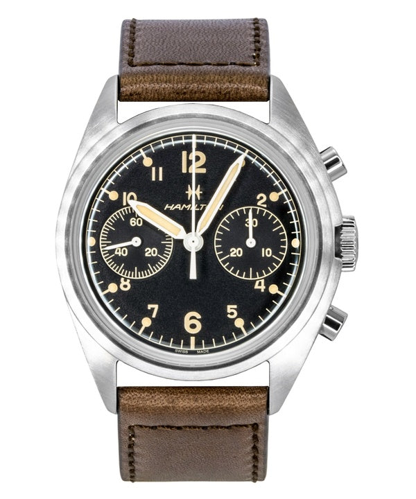 Hamilton Khaki Aviation Pilot Pioneer Chronograph Leather Strap Black Dial Mechanical H76409530 100M Men's Watch