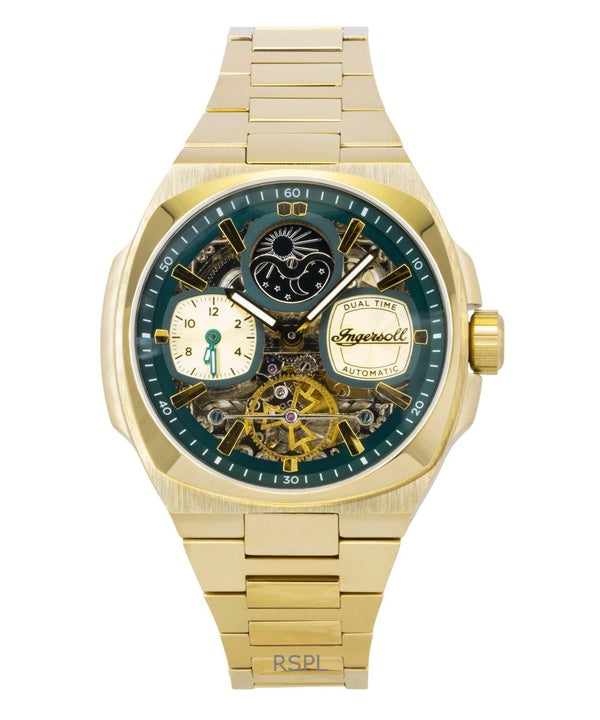 Ingersoll The Spirit Gold Tone Stainless Steel Green Skeleton Dial Automatic I15803 Men's Watch