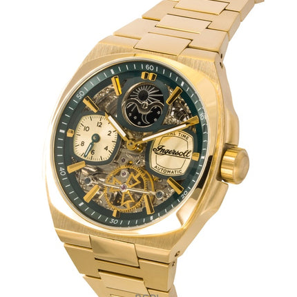 Ingersoll The Spirit Gold Tone Stainless Steel Green Skeleton Dial Automatic I15803 Men's Watch