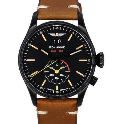 Iron Annie Flight Control Dual Time Leather Strap Black Dial Quartz 51442 Mens Watch