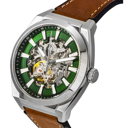Fossil Everett Brown Leather Strap Green Skeleton Dial Automatic ME3261 Men's Watch