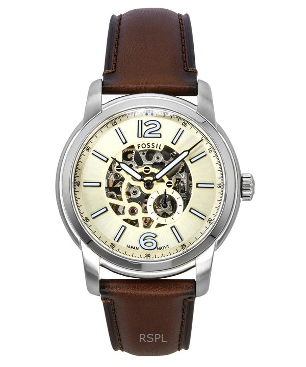Fossil Heritage Brown Leather Strap Cream Skeleton Dial Automatic ME3264 Men's Watch