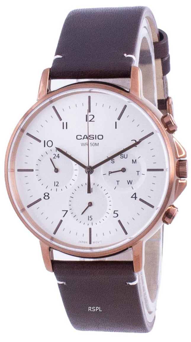 Casio Multi Hands Silver Dial Leather Strap Quartz MTP-E321RL-5A MTPE321RL-5 Mens Watch
