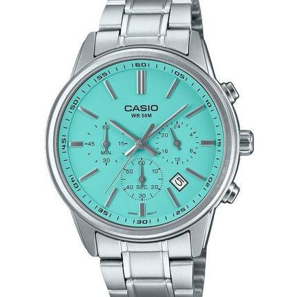 Casio Standard Analog Chronograph Stainless Steel Turquoise Dial Quartz MTP-E515D-2A2V Men's Watch