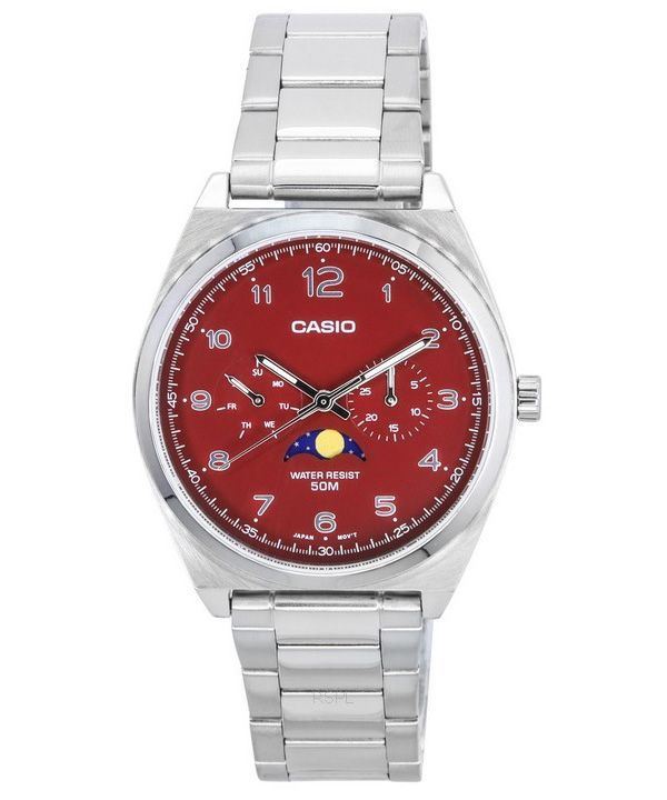 Casio Standard Analog Stainless Steel Moon Phase Red Dial Quartz MTP-M300D-4A  Mens Watch