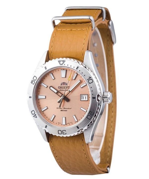 Orient Sports Leather Strap Apricot Dial Automatic Diver's RA-AC0Q05P10B RA-AC0Q05P30B 200M Men's Watch