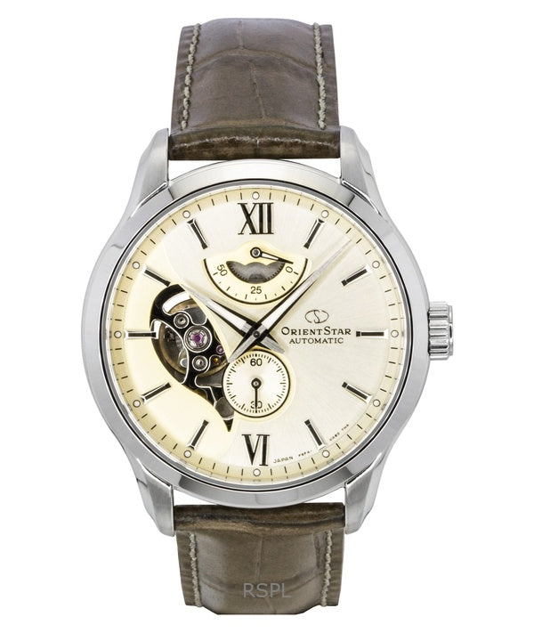 Orient Star Contemporary Leather Strap Open Heart Champagne Dial Automatic RE-AV0B10G 100M Men's Watch
