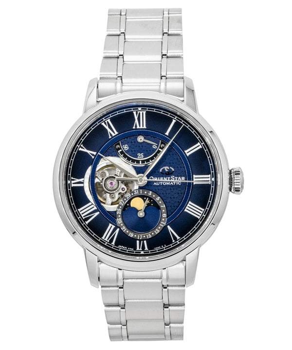 Orient Star M45 F7 Mechanical Moon Phase Stainless Steel Navy Blue Open Heart Dial Automatic RE-BT0006L Men's Watch