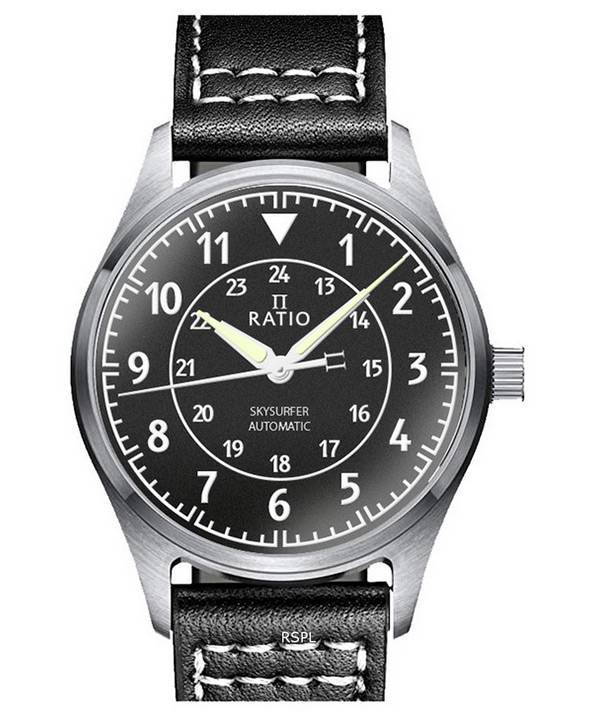 Ratio Skysurfer Pilot Black Textured Dial Leather Automatic RTS310 200M Men's Watch