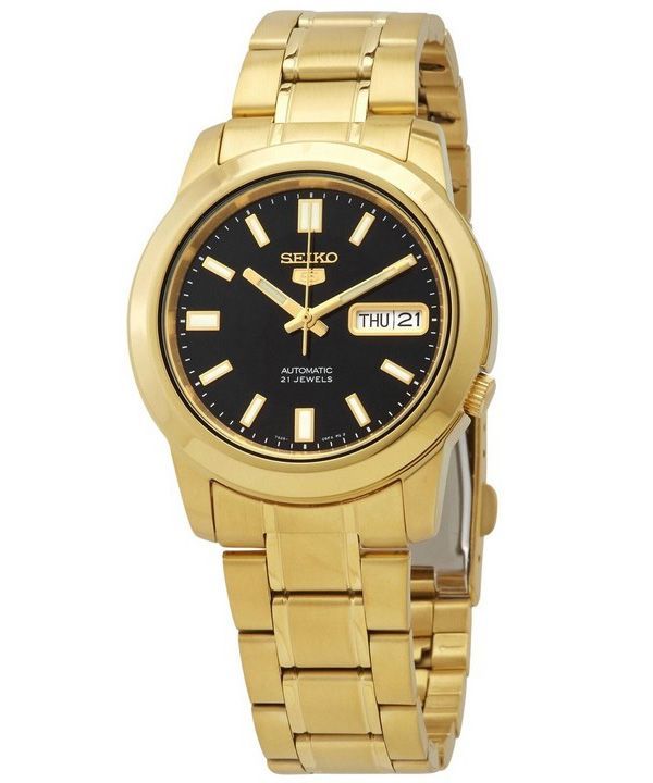 Seiko 5 Gold Tone Stainless Steel Black Dial 21 Jewels Automatic SNKK22K1 Men's Watch