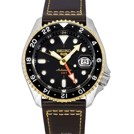 Seiko 5 Sports SKX GMT Leather Strap Black Dial Automatic SSK036K1 100M Men's Watch