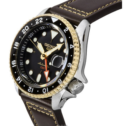 Seiko 5 Sports SKX GMT Leather Strap Black Dial Automatic SSK036K1 100M Men's Watch