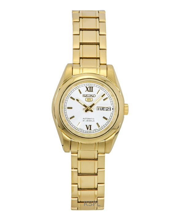 Seiko 5 Gold Tone Stainless Steel White Dial Automatic SYMK30K1 100M Women's Watch