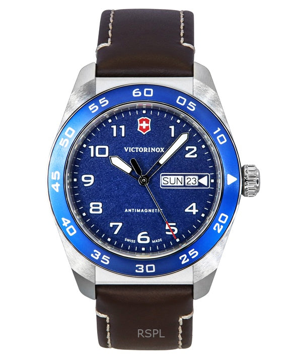 Victorinox Swiss Army Leather Strap Blue Dial Quartz 242040 100M Men's Watch