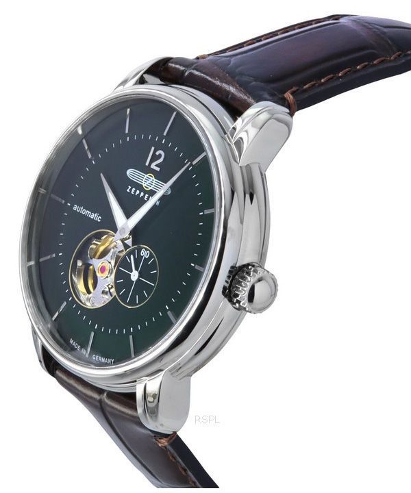 Zeppelin LZ 120 Bodensee Leather Strap Open Heart Green Dial