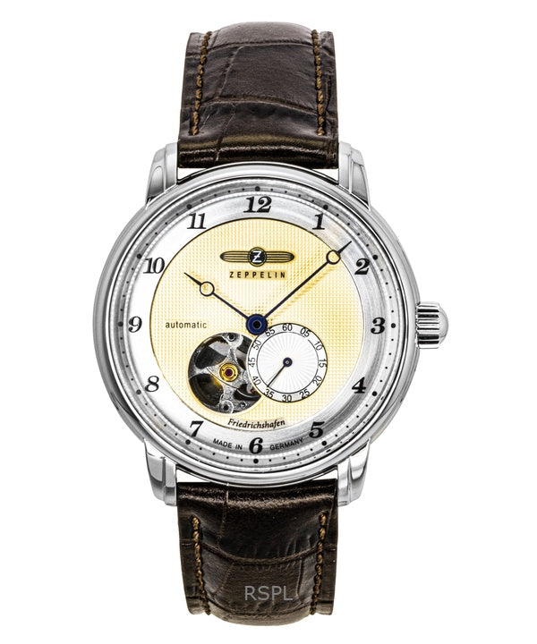 Zeppelin Friedrichshafe Brown Leather Strap Open Heart Gold Dial Automatic 85665 Men's Watch