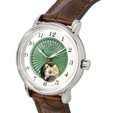 Zeppelin Friedrichshafen Leather Strap Open Heart Green Dial Automatic 85672 Women's Watch