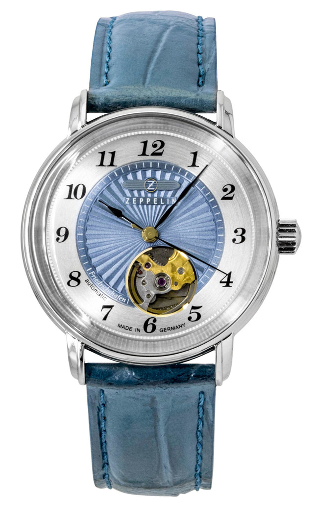Zeppelin Friedrichshafen Leather Strap Open Heart Blue Dial Automatic 85673 Women's Watch